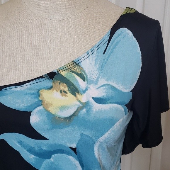 Vintage 90s Y2K One Shoulder Top Blouse Black Teal Bold Flower - Picture 7 of 11